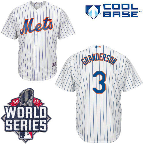 New York Mets -3 Curtis Granderson White Blue Strip New Cool Base W 2015 World Series Patch Stitched