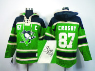 Autographed Pittsburgh Penguins -87 Sidney Crosby Green Sawyer Hooded Sweatshirt Stitched NHL Jersey