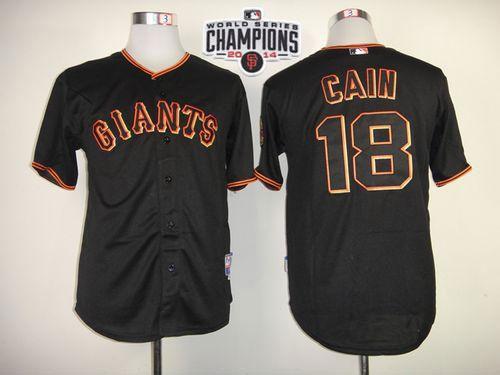 San Francisco Giants #18 Matt Cain Black W 2014 World Series Champions Patch Stitched MLB Jersey