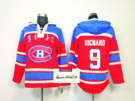 Autographed Montreal Canadiens -9 Maurice Richard Red Sawyer Hooded Sweatshirt Stitched NHL Jersey