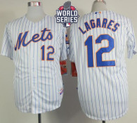 New York Mets -12 Juan Lagares White Blue Strip Home Cool Base W 2015 World Series Patch Stitched ML