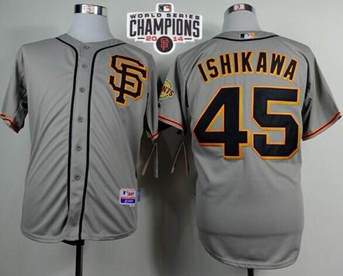 San Francisco Giants #45 Travis Ishikawa Grey Road 2 Cool Base W 2014 World Series Champions Patch S