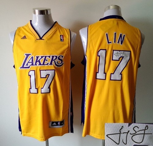 Autographed NBA Revolution 30 Los Angeles Lakers -17 Jeremy Lin Yellow Stitched Jersey