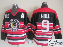 Autographed Chicago Blackhawks -9 Bobby Hull Red Black 75TH CCM Stitched NHL Jersey
