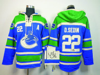Autographed Vancouver Canucks -22 Daniel Sedin Blue Sawyer Hooded Sweatshirt Stitched NHL Jersey