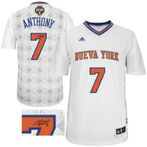 Autographed New York Knicks -7 Carmelo Anthony 2014 Noches Enebea Swingman White Jersey