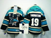 Autographed San Jose Sharks -19 Joe Thornton Black Sawyer Hooded Sweatshirt NHL Jersey