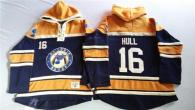 St Louis Blues -16 Brett Hull Navy Blue Gold Sawyer Hooded Sweatshirt Stitched NHL Jersey