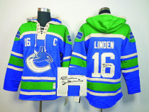 Autographed Vancouver Canucks -16 Trevor Linden Blue Sawyer Hooded Sweatshirt Stitched NHL Jersey