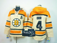 Autographed Boston Bruins -4 Bobby Orr Cream Sawyer Hooded Sweatshirt Stitched NHL Jersey