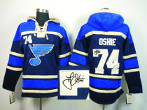 Autographed St Louis Blues -74 T J Oshie Navy Blue Sawyer Hooded Sweatshirt Stitched NHL Jersey