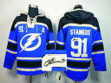 Autographed Tampa Bay Lightning -91 Steven Stamkos Loyal Blue Hooded Sweatshirt Stitched NHL Jersey