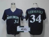 MLB Seattle Mariners #34 Felix Hernandez Stitched Blue Throwback M&N Autographed Jersey