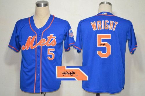 MLB New York Mets -5 David Wright Stitched Blue Cool Base Autographed Jersey