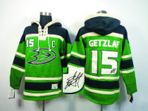 Autographed Anaheim Ducks -15 Ryan Getzlaf Green Sawyer Hooded Sweatshirt Stitched NHL Jersey