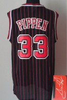 Autographed Chicago Bulls -33 Scottie Pippen Black With Red Strip Throwback Stitched NBA Jersey