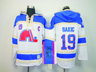Autographed Quebec Nordiques -19 Joe Sakic White Sawyer Hooded Sweatshirt Stitched NHL Jersey