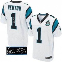 Nike Panthers -1 Cam Newton White With 20TH Season Patch Stitched Autographed Jersey