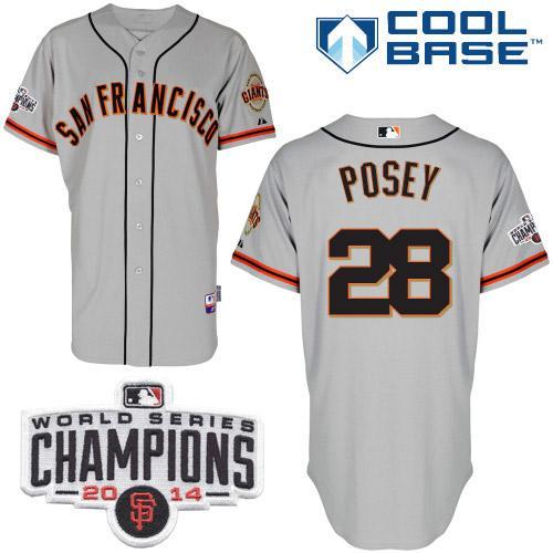 San Francisco Giants #28 Buster Posey Grey W 2014 World Series Champions Patch Stitched MLB Jersey