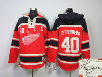 Autographed Detroit Red Wings -40 Henrik Zetterberg Red Sawyer Hooded Sweatshirt Stitched NHL Jersey