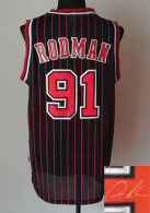 Autographed Chicago Bulls -91 Dennis Rodman Black With Red Strip Throwback Stitched NBA Jersey