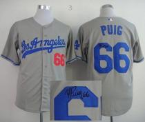Los Angeles Dodgers -66 Yasiel Puig Grey Cool Base Autographed Stitched MLB Jersey