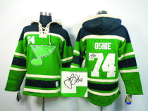 Autographed St Louis Blues -74 T J Oshie Green Sawyer Hooded Sweatshirt Stitched NHL Jersey