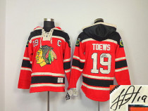 Autographed Chicago Blackhawks -19 Jonathan Toews Red Sawyer Hooded Sweatshirt NHL Jersey