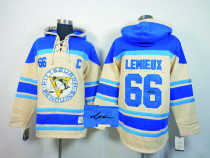 Autographed Pittsburgh Penguins -66 Mario Lemieux Cream Sawyer Hooded Sweatshirt Stitched NHL Jersey