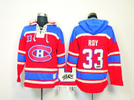 Autographed Montreal Canadiens -33 Patrick Roy Red Sawyer Hooded Sweatshirt Stitched NHL Jersey