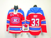 Autographed Montreal Canadiens -33 Patrick Roy Red Sawyer Hooded Sweatshirt Stitched NHL Jersey