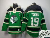 Autographed Chicago Blackhawks -19 Jonathan Toews Green Sawyer Hooded Sweatshirt NHL Jersey