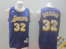 Autographed Mitchell and Ness Los Angeles Lakers -32 Magic Johnson Stitched Purple Throwback NBA Jer