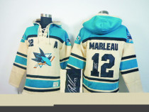 Autographed San Jose Sharks -12 Patrick Marleau White Sawyer Hooded Sweatshirt Stitched NHL Jersey