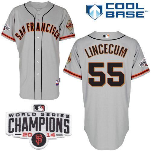 San Francisco Giants #55 Tim Lincecum Grey W 2014 World Series Champions Patch Stitched MLB Jersey