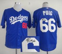 Los Angeles Dodgers -66 Yasiel Puig Blue Cool Base Autographed Stitched MLB Jersey