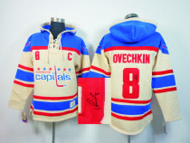 Autographed Washington Capitals -8 Alex Ovechkin Cream Sawyer Hooded Sweatshirt Stitched NHL Jersey