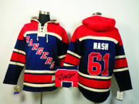 Autographed New York Rangers -61 Rick Nash Navy Blue Sawyer Hooded Sweatshirt Stitched NHL Jersey