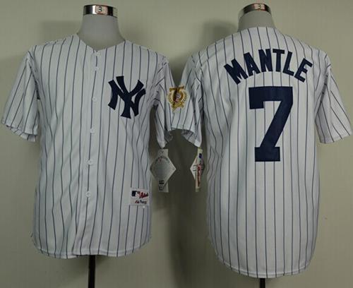 New York Yankees -7 Mickey Mantle White 75TH Throwback Stitched MLB Jersey