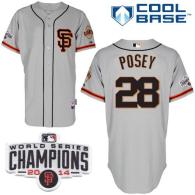 San Francisco Giants #28 Buster Posey Grey Road 2 Cool Base W 2014 World Series Champions Patch Stit