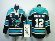 Autographed San Jose Sharks -12 Patrick Marleau Blue Sawyer Hooded Sweatshirt Stitched NHL Jersey