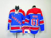 Autographed New York Rangers -61 Rick Nash Blue Sawyer Hooded Sweatshirt Stitched NHL Jersey