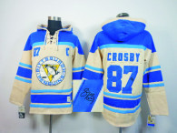 Autographed Pittsburgh Penguins -87 Sidney Crosby Cream Sawyer Hooded Sweatshirt Stitched NHL Jersey