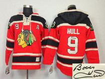 Autographed Chicago Blackhawks -9 Bobby Hull Red Sawyer Hooded Sweatshirt Stitched NHL Jersey