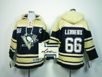 Autographed Pittsburgh Penguins -66 Mario Lemieux Black Sawyer Hooded Sweatshirt Stitched NHL Jersey