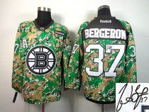 Autographed Boston Bruins -37 Patrice Bergeron Camo Veterans Day Practice NHL Jersey