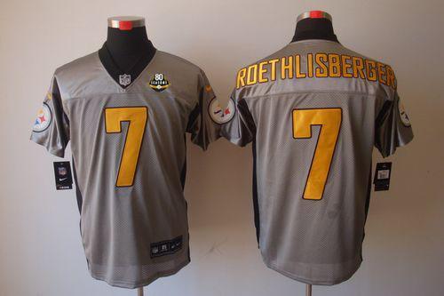 Nike Pittsburgh Steelers #7 Ben Roethlisberger Grey Shadow With 80TH Patch Men's Stitched NFL Elite