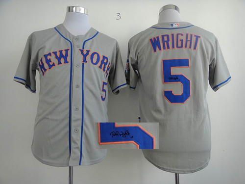 MLB New York Mets -5 David Wright Stitched Grey Autographed Jersey