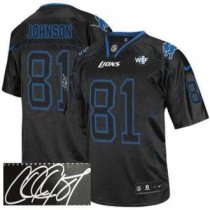 Nike Lions -81 Calvin Johnson Lights Out Black With WCF Patch Autographed Jersey