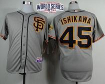 San Francisco Giants #45 Travis Ishikawa Grey Road 2 Cool Base W 2014 World Series Patch Stitched ML